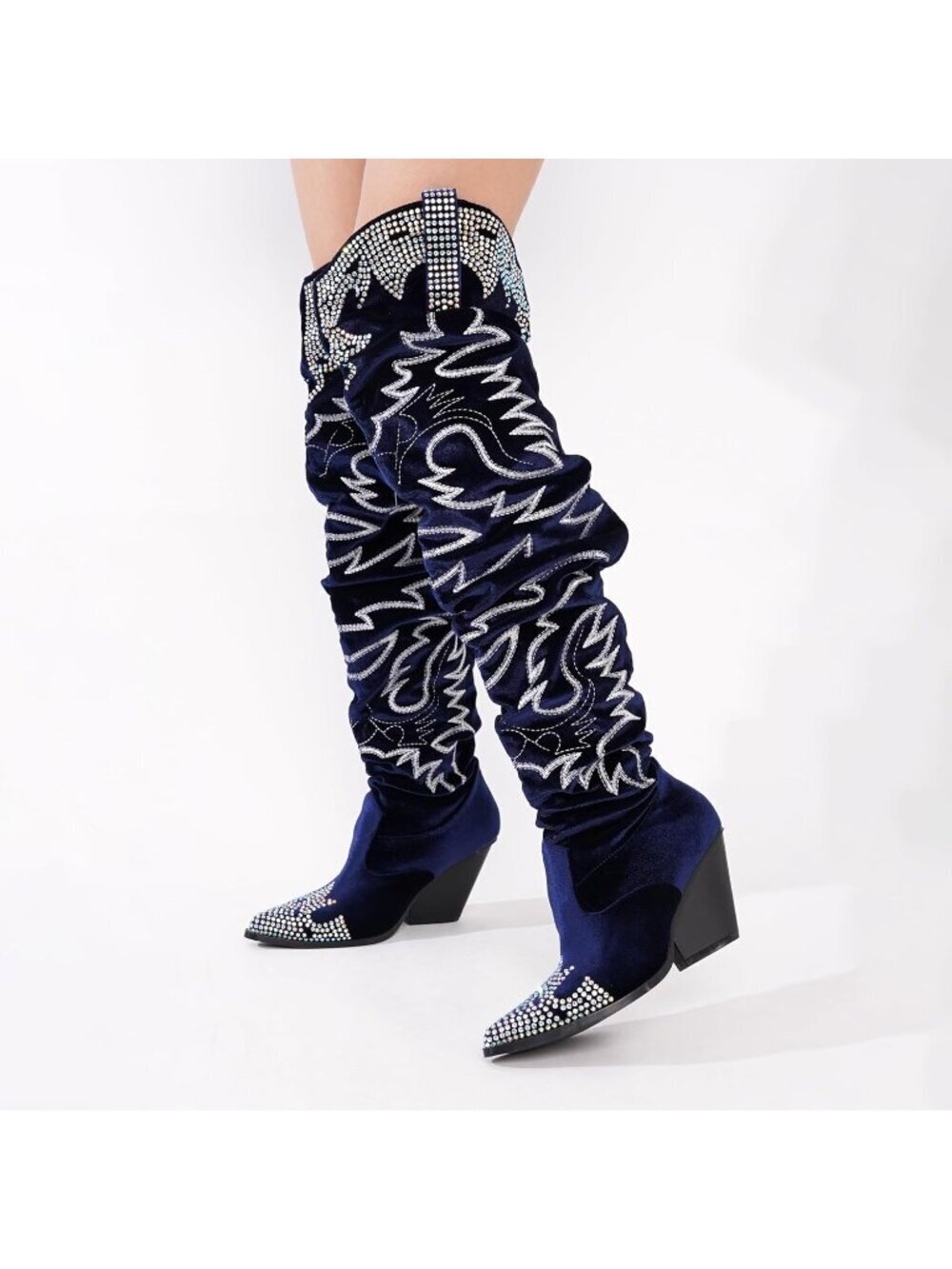 Women's Blue Rhinestone Embroidered Cowboy Boots Thigh High Slouchy Wide Calf - Picture 6 of 6